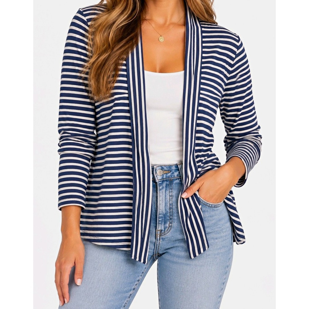 J.Crew Women's Small Navy White Striped Open Front Cardigan Cotton Blend
